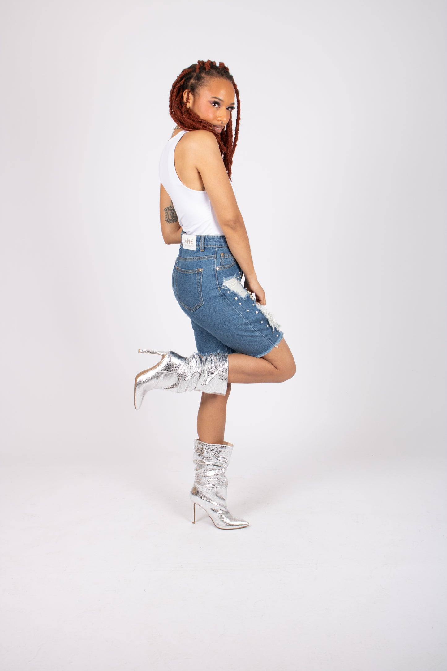 Denim Boyfriend Shorts With All Over Embellishment