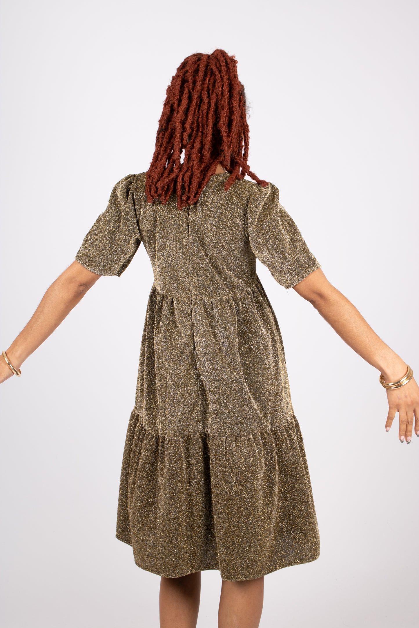 Tiered Midi Dress In Gold Sparkle Fabric