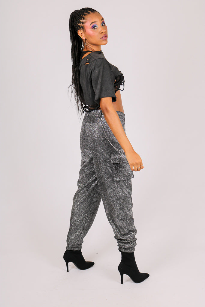 Grey Glitter Cargo Pant With Diamanté Chain