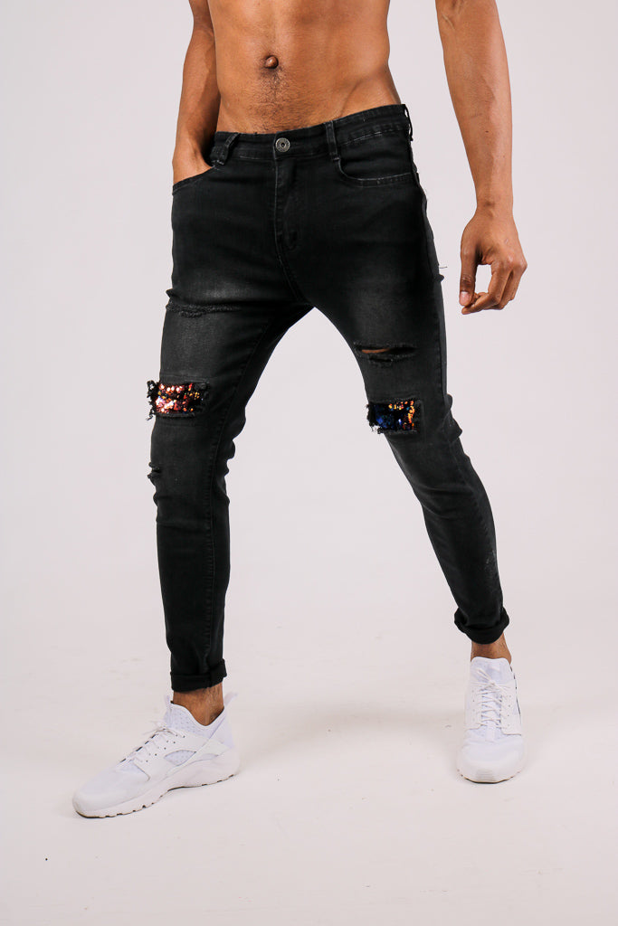Black Skinny Jean With Knee Rips & Gold Sequin Details