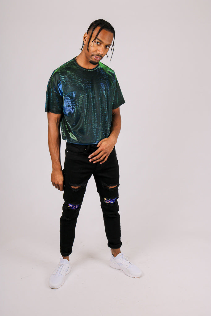 Black Skinny Jean With Knee Rips & Blue Sequin Details