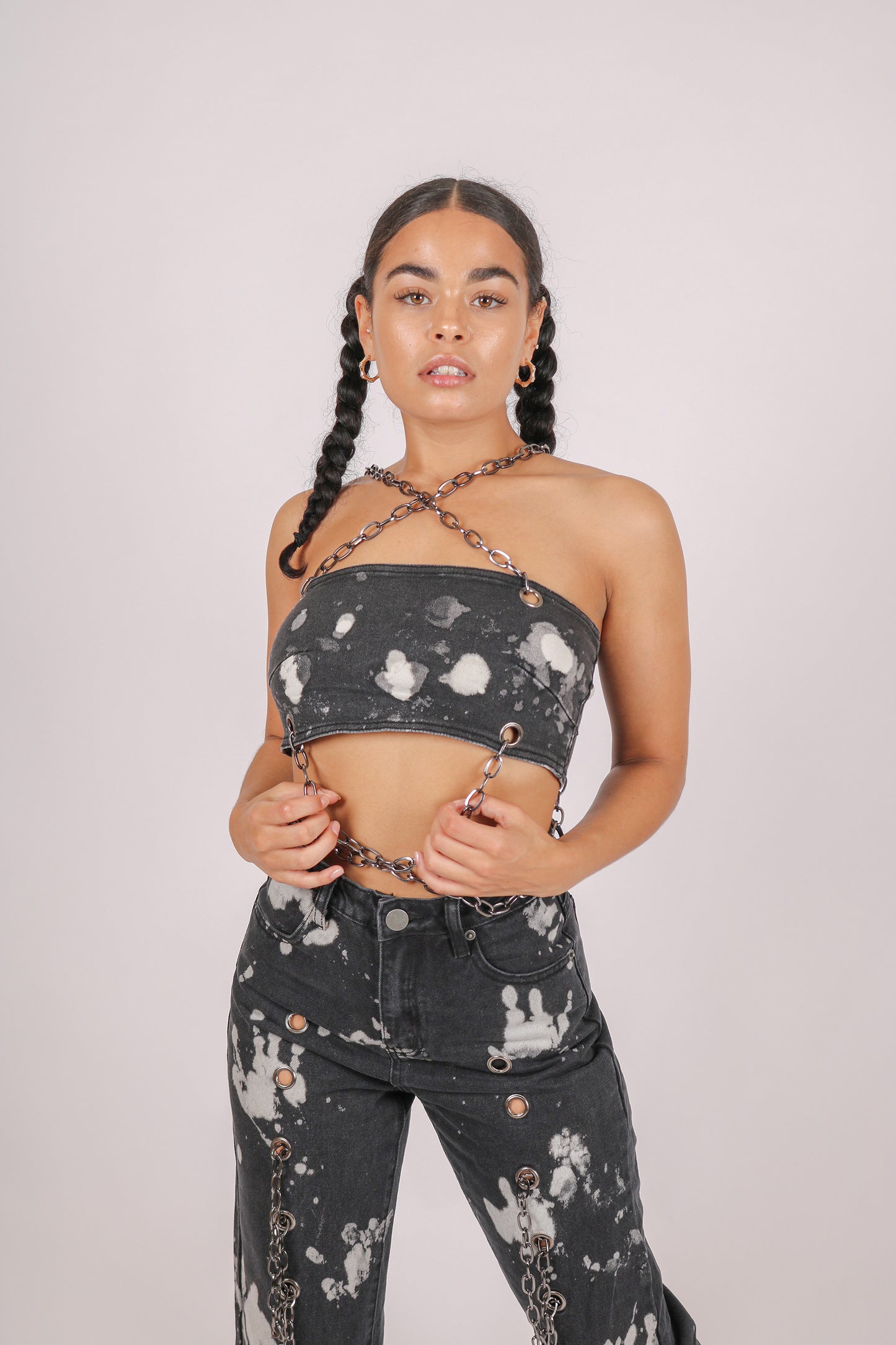 Paint Splatter Denim Bandeau With Chain Straps