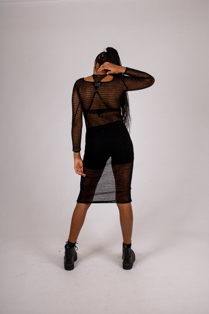 Black Mesh Midi Dress with Lace Up Frontal