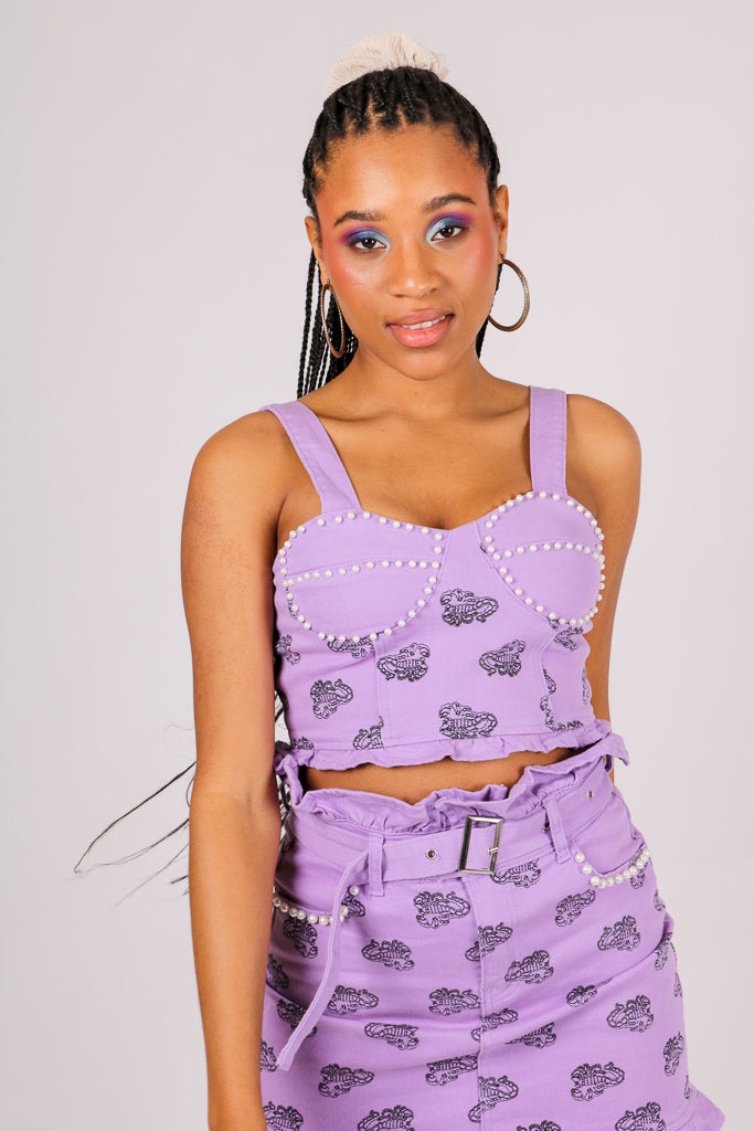 Scorpion Monogram Printed Denim Structured & Pearl Embellished Crop Top