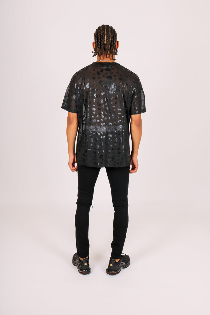 Skull Printed Black Mesh T-Shirt