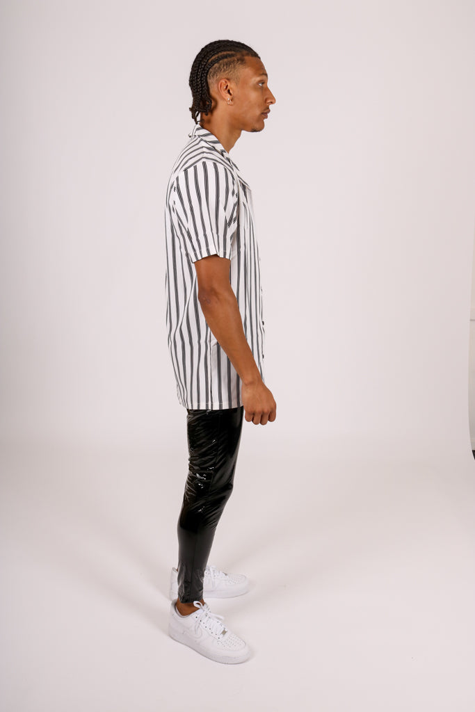 ONE ABOVE ANOTHER Revere Collar Shirt In Black & White Stripes