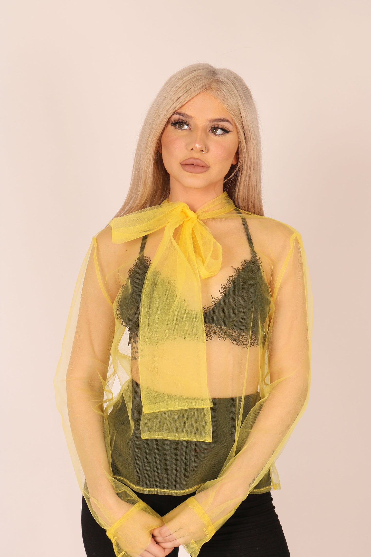 Yellow Sheer Organza Bow Blouse