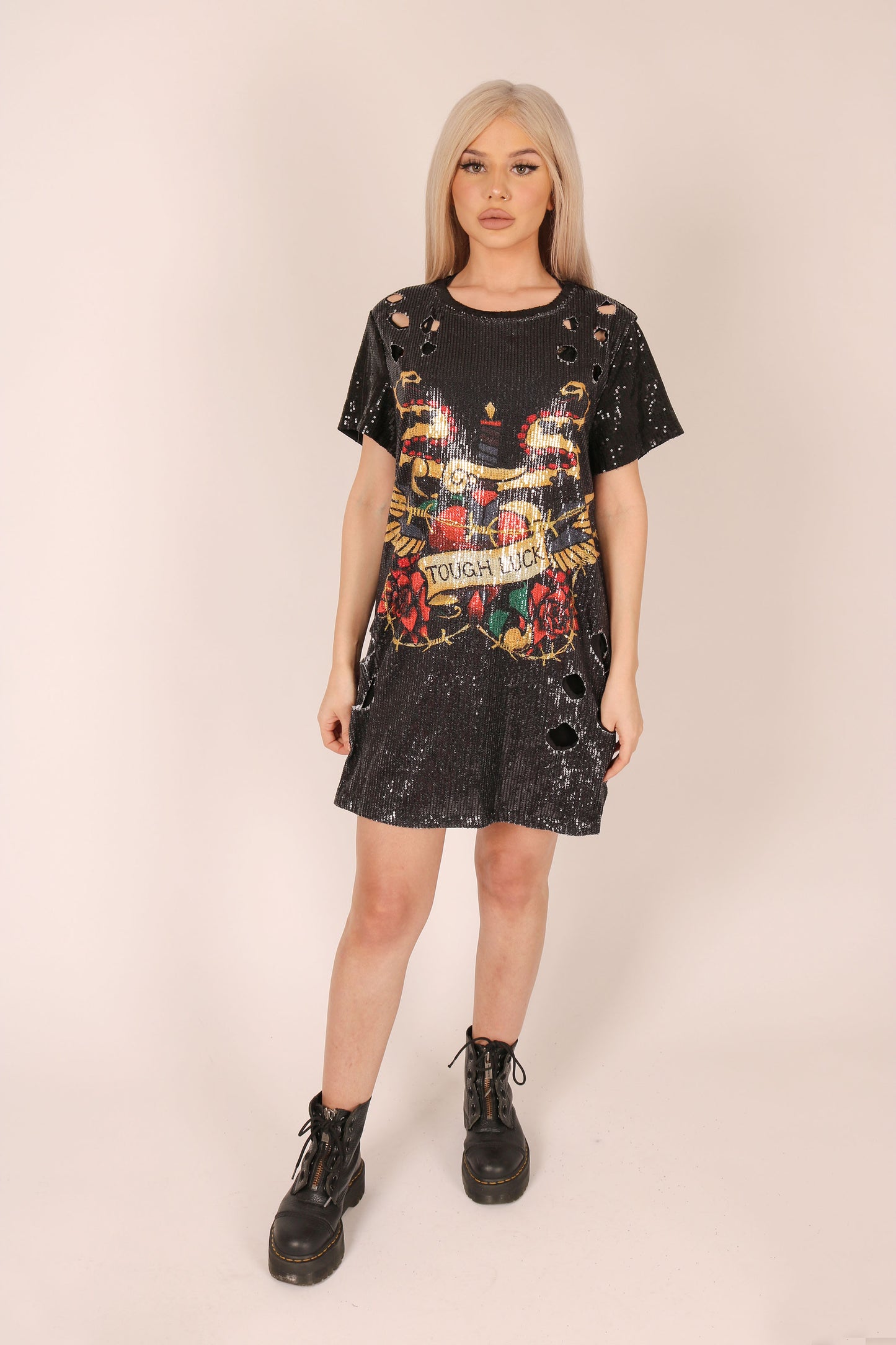Oversized T-shirt Dress In Printed Sequin Text 'Tough Luck'