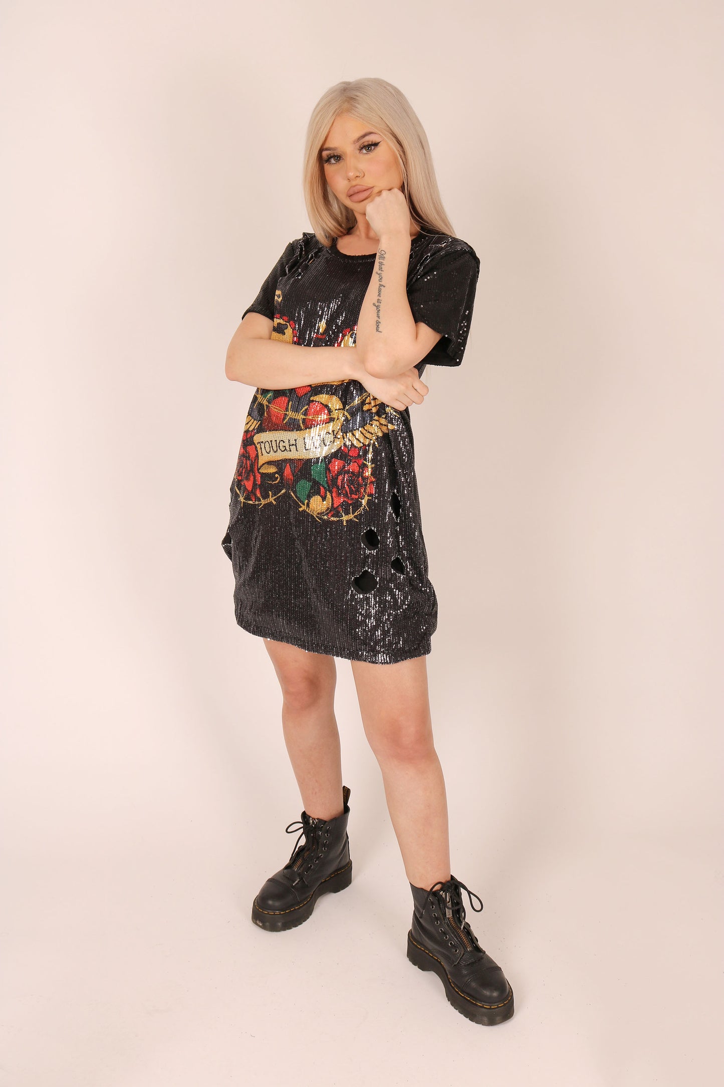 Oversized T-shirt Dress In Printed Sequin Text 'Tough Luck'