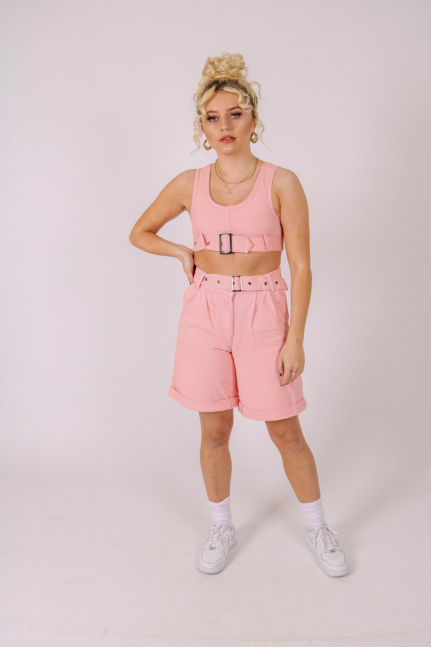 Pink Belted Denim Crop Top