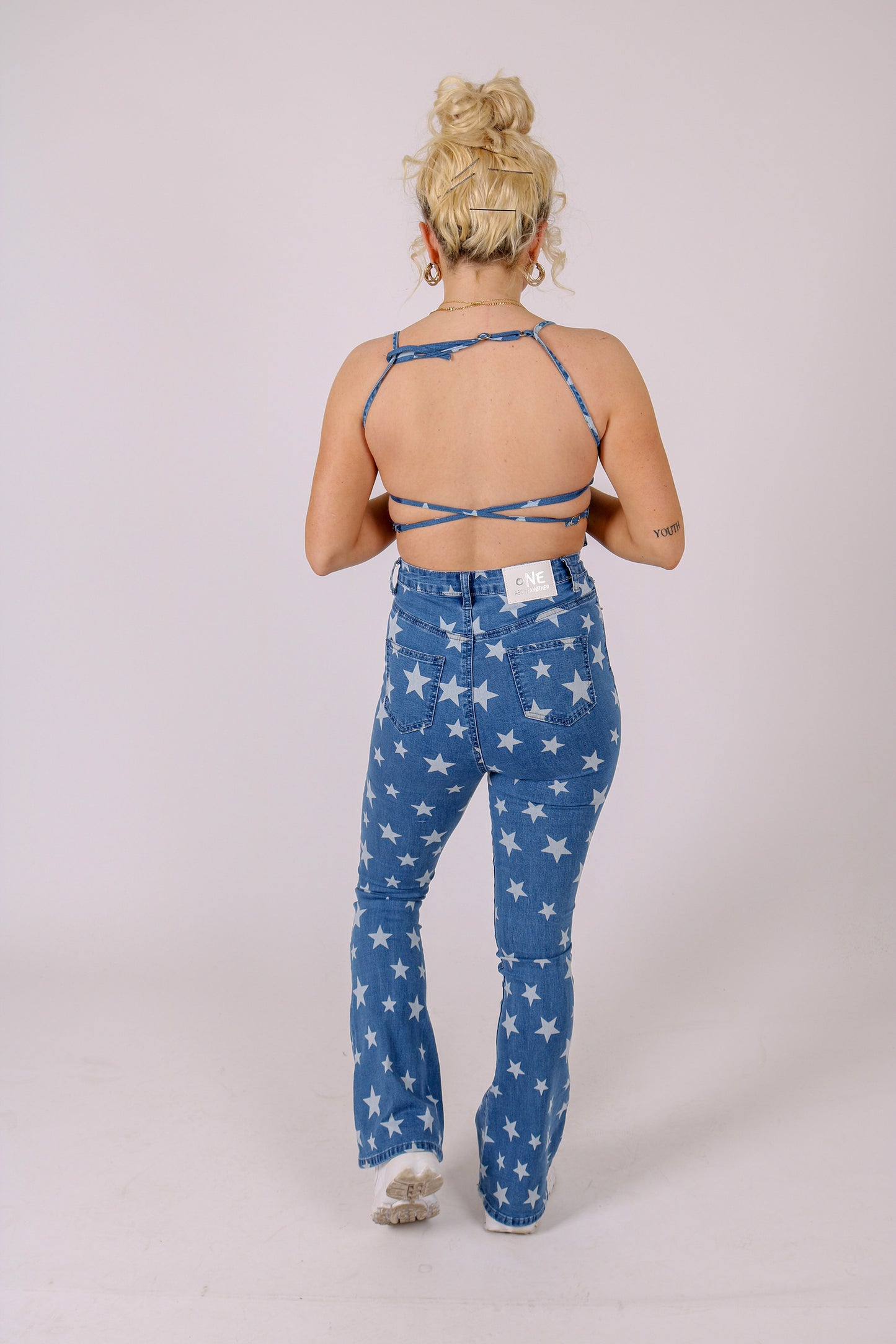 Star Print High Waist Denim Flare