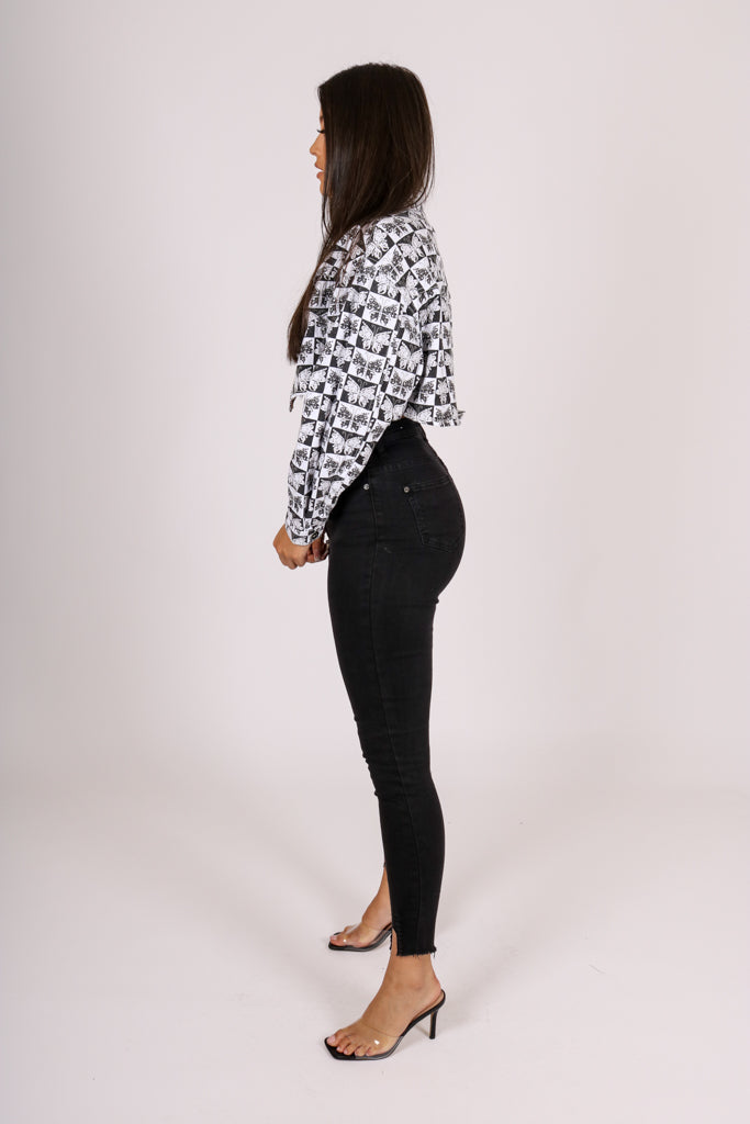 ONE ABOVE ANOTHER Butterfly Monogram Cropped Denim Jacket