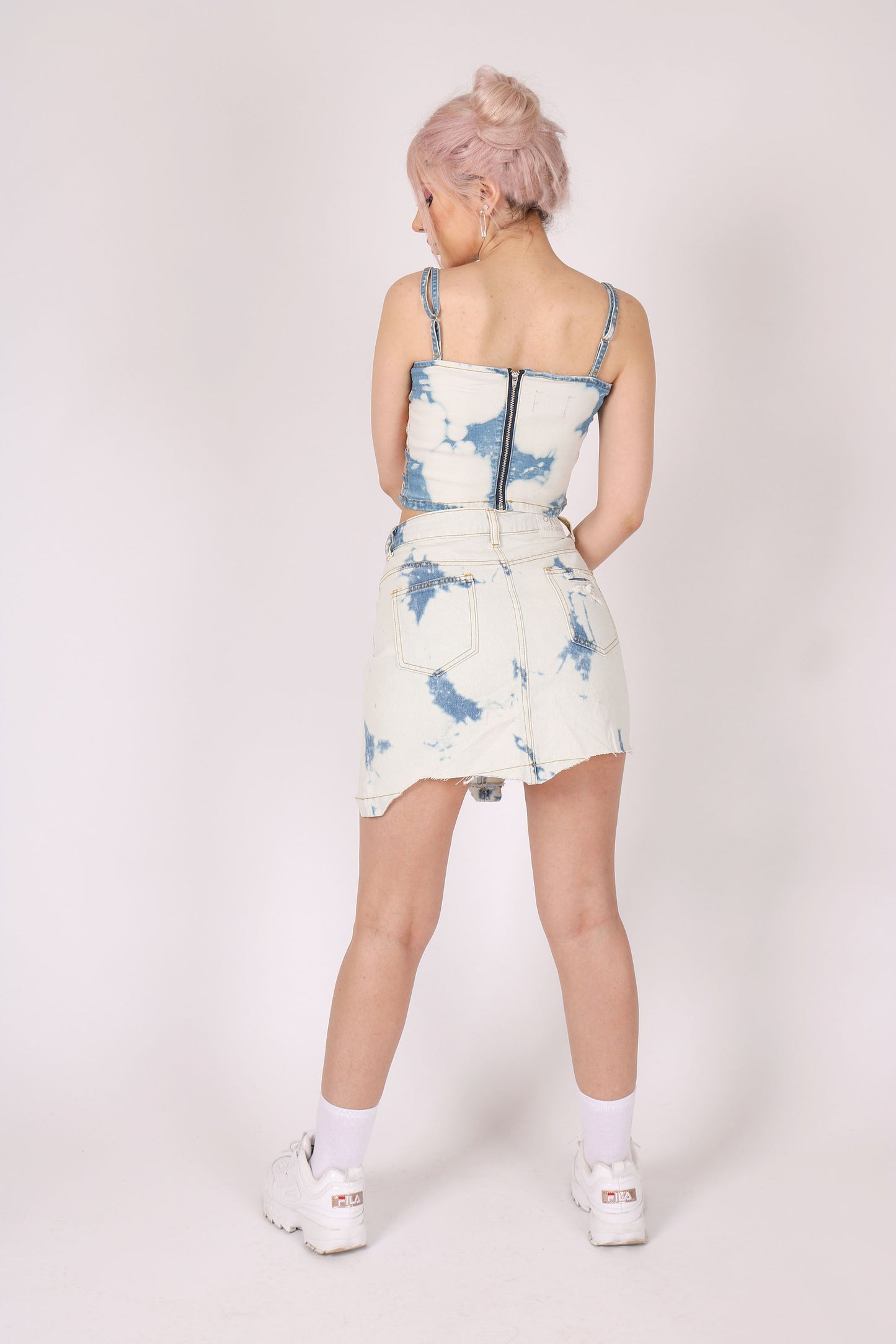 Bleach Wash Denim Mini Skirt With Distressing