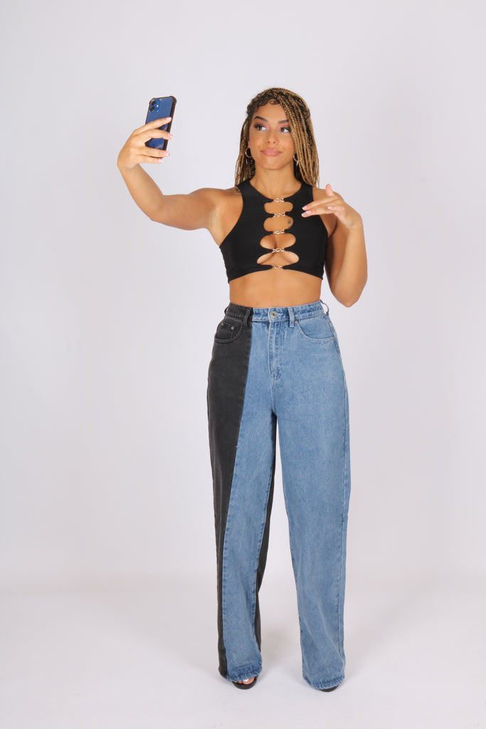 Black Cut-Out Crop With Gold Links