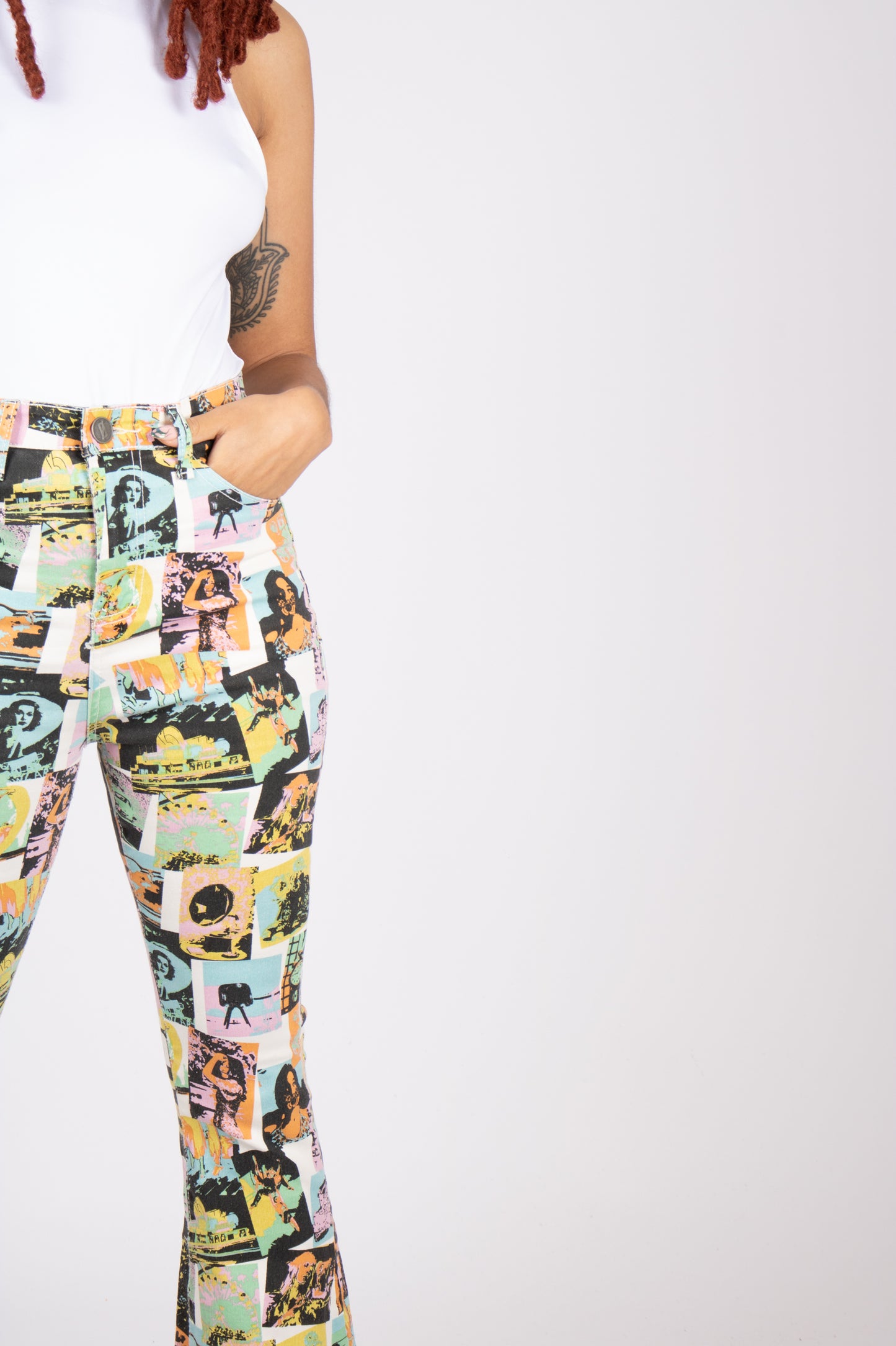 High Waisted Faded Newspaper Printed Flare