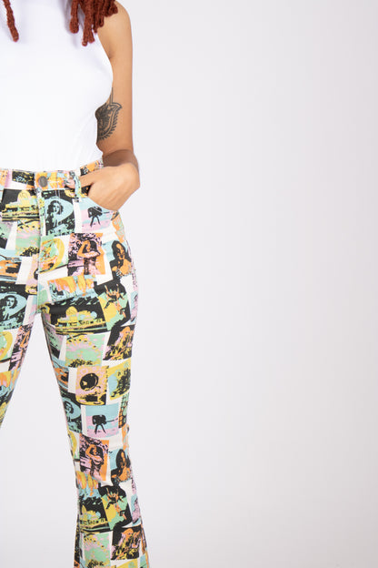 High Waisted Faded Newspaper Printed Flare