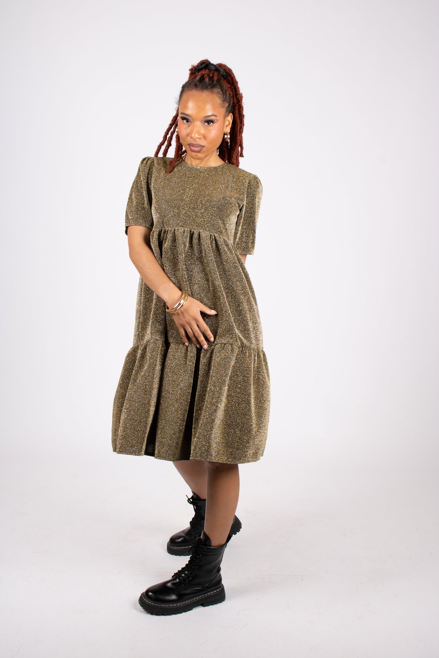 Tiered Midi Dress In Gold Sparkle Fabric