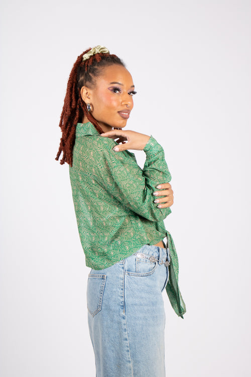 ONE ABOVE ANOTHER 90s Green Sheer Swirl Printed Shirt