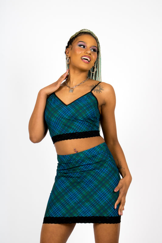 ONE ABOVE ANOTHER Tartan Skirt With Lace Trim