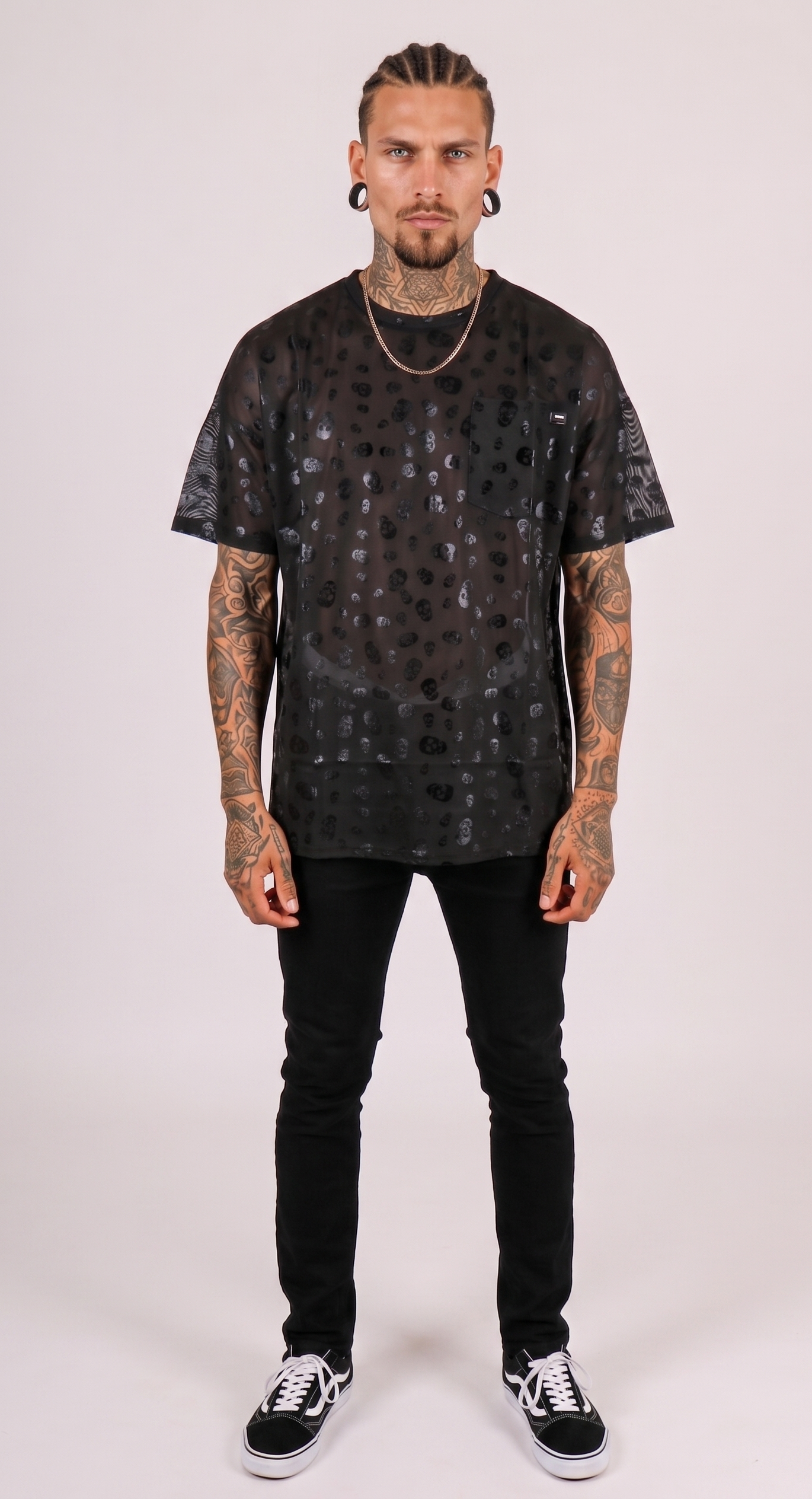 Skull Printed Black Mesh T-Shirt