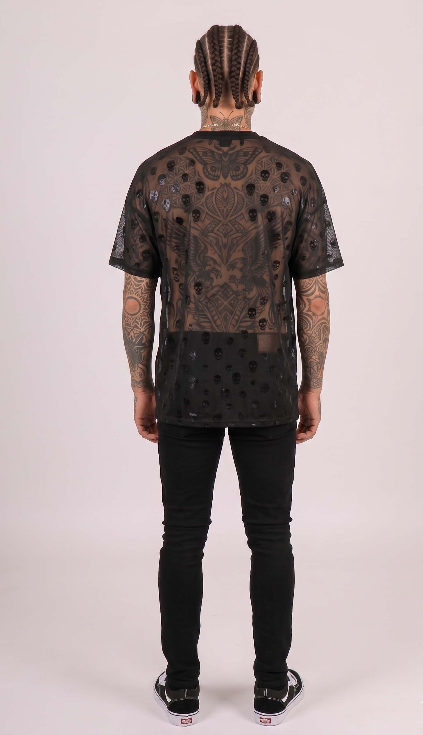 Skull Printed Black Mesh T-Shirt