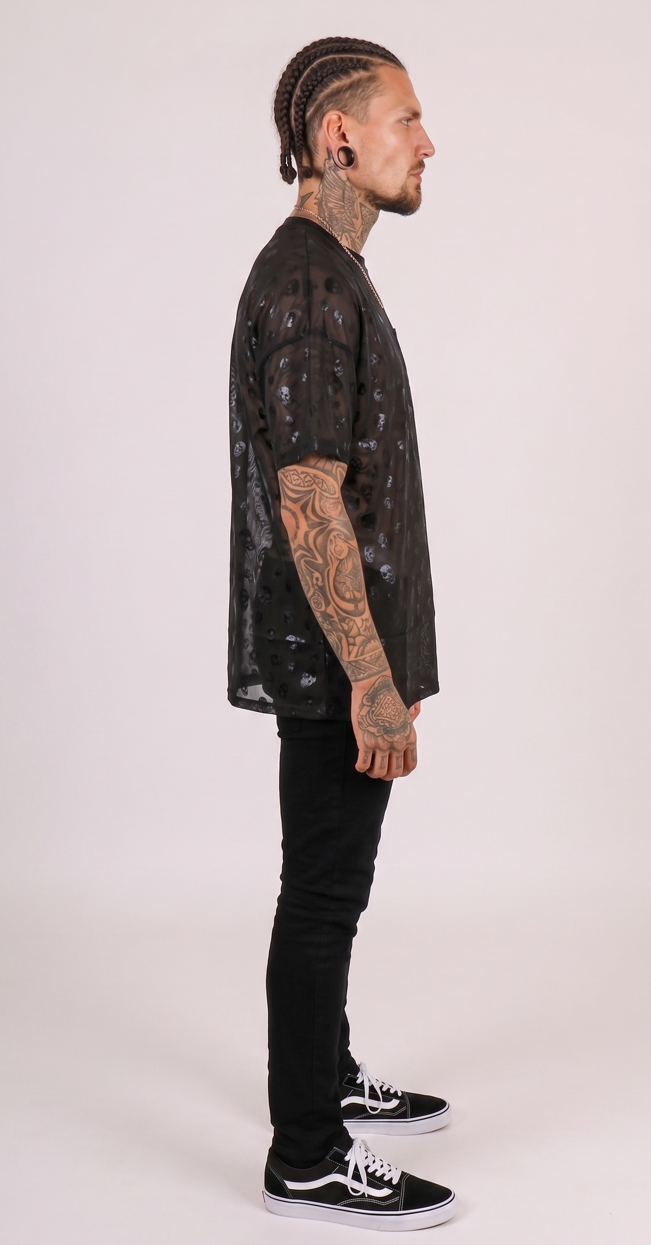Skull Printed Black Mesh T-Shirt