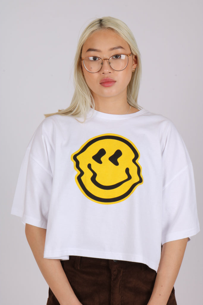 White Boxy Smiley Face Cropped Oversized T-shirt