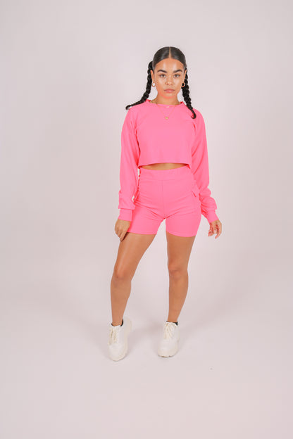 Neon Pink Crop Top & Cargo Shorts Set