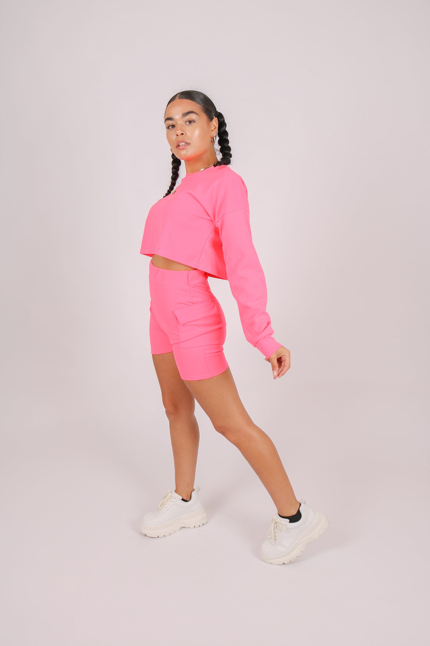Neon Pink Crop Top & Cargo Shorts Set