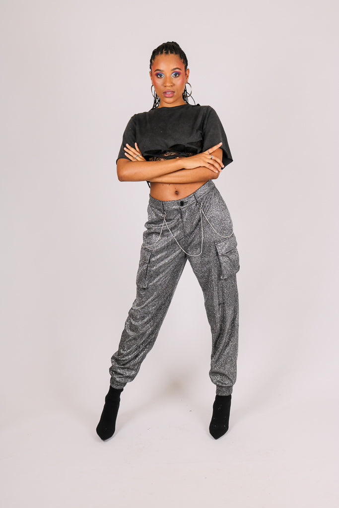 Grey Glitter Cargo Pant With Diamanté Chain