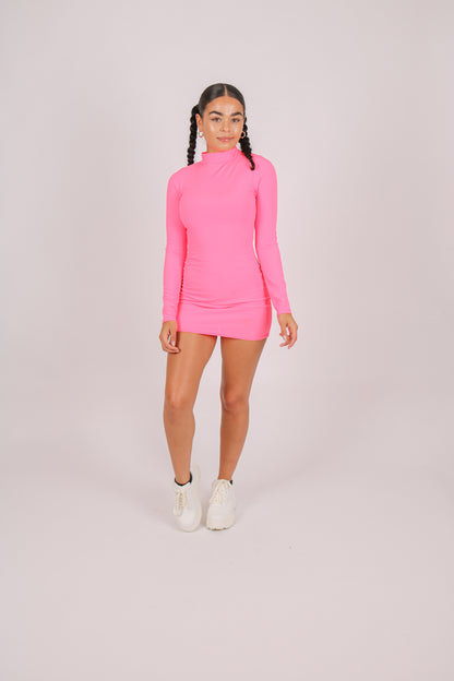 Neon Pink High Neck Ribbed Bodycon Mini Dress