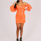 ONE ABOVE ANOTHER Orange Vinyl Ruched & Balloon Sleeve Bardot Dress