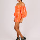 ONE ABOVE ANOTHER Orange Vinyl Ruched & Balloon Sleeve Bardot Dress