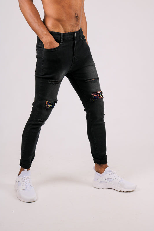 Black Skinny Jean With Knee Rips & Gold Sequin Details