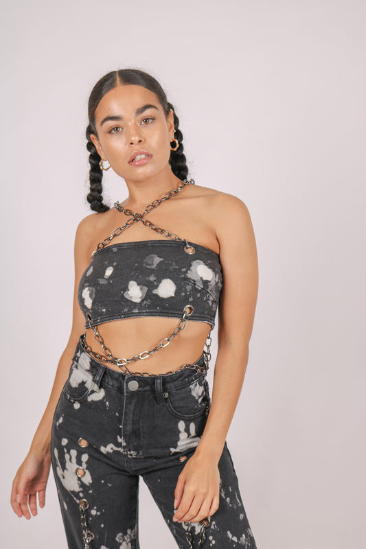 ONE ABOVE ANOTHER Paint Splatter Denim Bandeau With Chain Straps