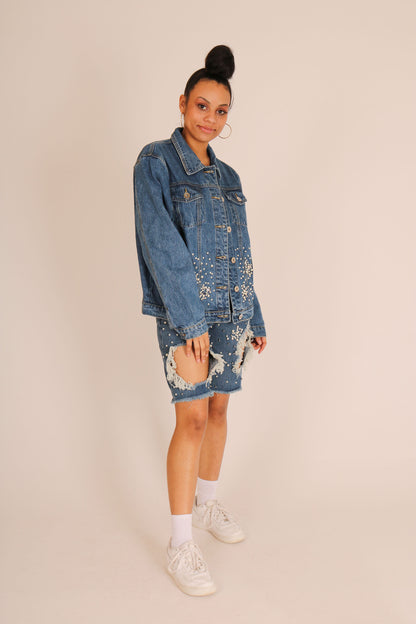 Denim Jacket With All Over Embellishment