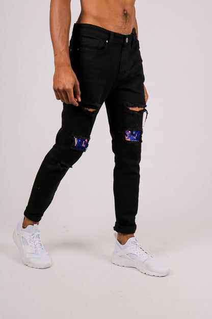 Black Skinny Jean With Knee Rips & Blue Sequin Details