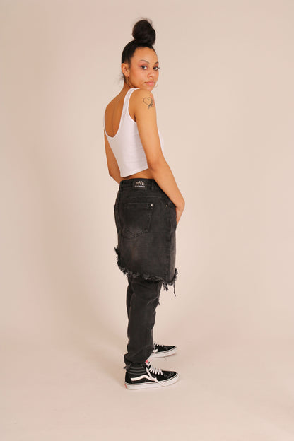 Black Distressed Jeans With Over Skirt Layer