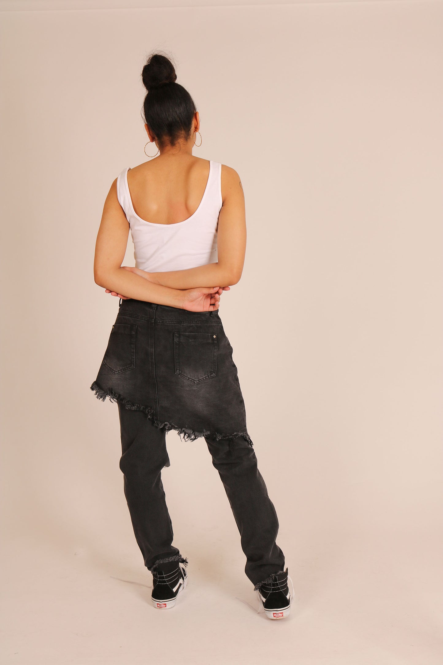 Black Distressed Jeans With Over Skirt Layer