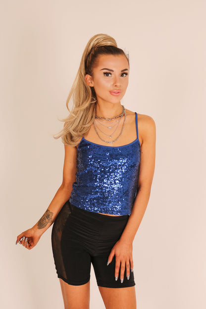 Blue Sequin Crop Top With Lace Up Back