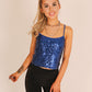 ONE ABOVE ANOTHER Blue Sequin Crop Top With Lace Up Back