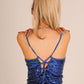 ONE ABOVE ANOTHER Blue Sequin Crop Top With Lace Up Back