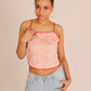 ONE ABOVE ANOTHER Pink Lace Mesh Crop Top With Pompom Lace Up Back