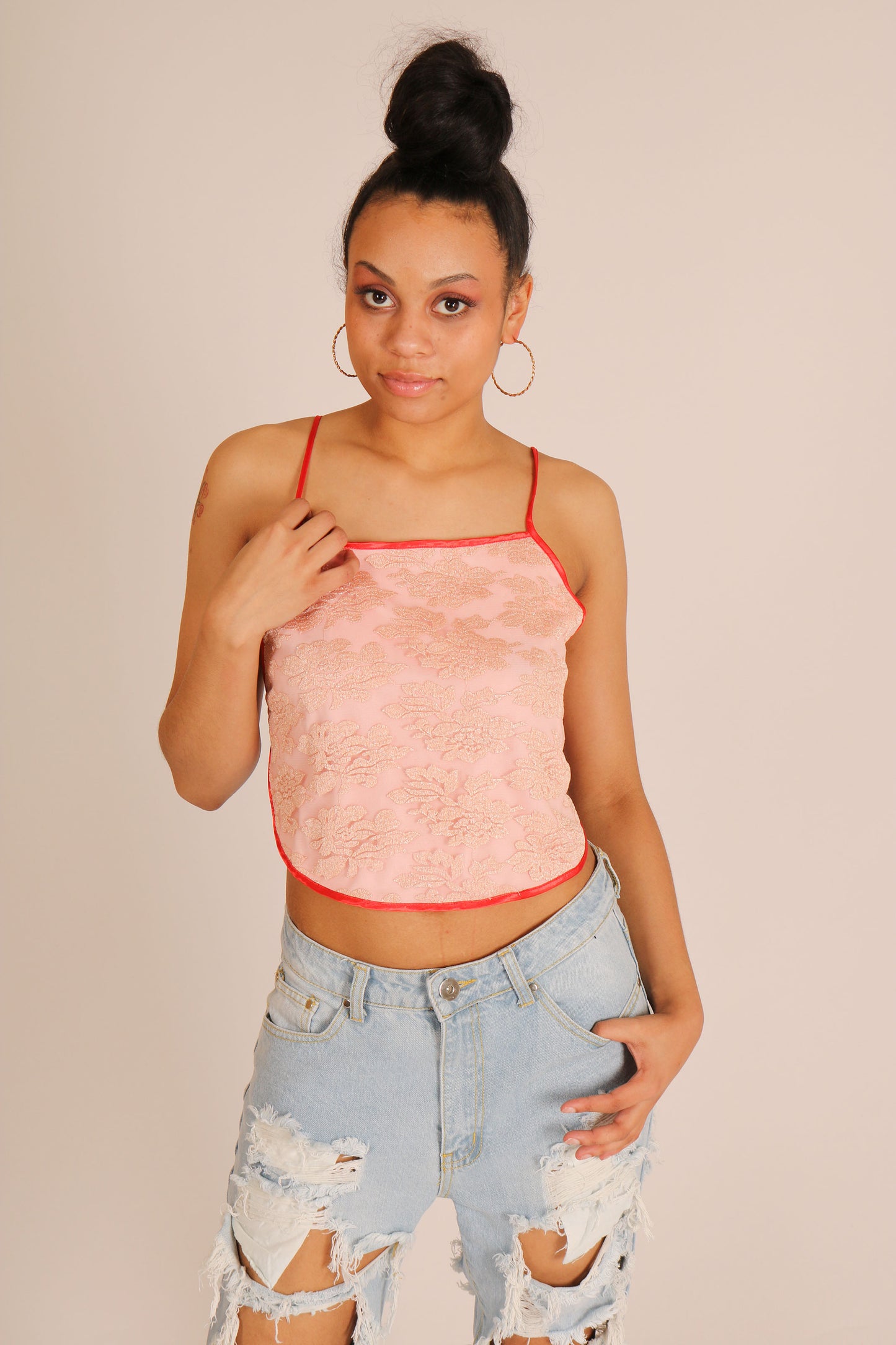 Pink Lace Mesh Crop Top With Pompom Lace Up Back