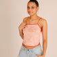 ONE ABOVE ANOTHER Pink Lace Mesh Crop Top With Pompom Lace Up Back