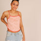 ONE ABOVE ANOTHER Pink Lace Mesh Crop Top With Pompom Lace Up Back