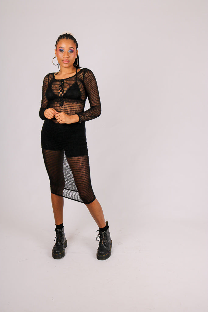 Black Mesh Midi Dress with Lace Up Frontal