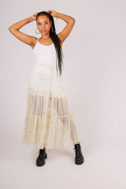 Sheer Maxi Moon & Star Print Dress