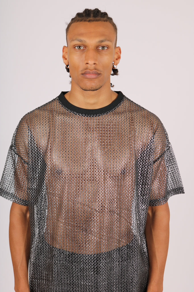 ONE ABOVE ANOTHER Oversized Metallic Mesh T-Shirt