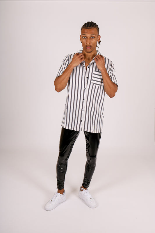 ONE ABOVE ANOTHER Revere Collar Shirt In Black & White Stripes